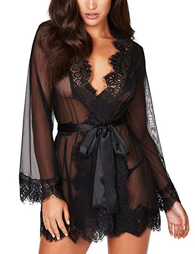 RSLOVE Women's Lace Kimono Robe Sexy Lingerie Babydoll Nightwear Mesh Nightdress Transparent Kimono Chemise