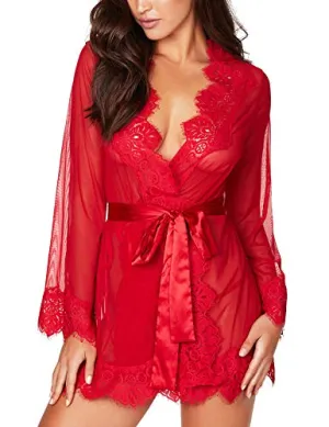 RSLOVE Women's Lace Kimono Robe Sexy Lingerie Babydoll Nightwear Mesh Nightdress Transparent Kimono Chemise