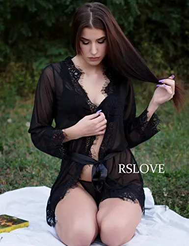 RSLOVE Women's Lace Kimono Robe Sexy Lingerie Babydoll Nightwear Mesh Nightdress Transparent Kimono Chemise