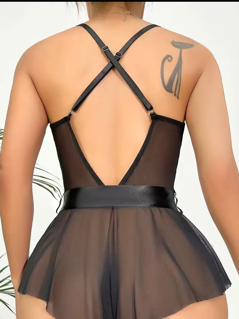 Seductive Lace Mesh Slip Teddy, Deep V Criss Cross Back Bodysuit,
