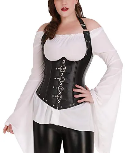Sexy Women's Faux leather Steampunk Buckle Corset Vest G-string.