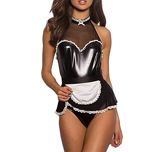 shengli Ladies French Maid Costume Women's PVC Leather