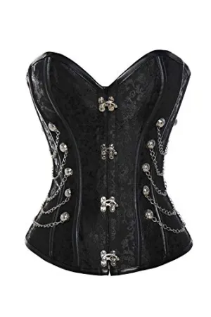 Steampunk Corset Bustier Gothic Vintage Satin Boned with Chains Overbust Top for Women Leather G String, Black, XL