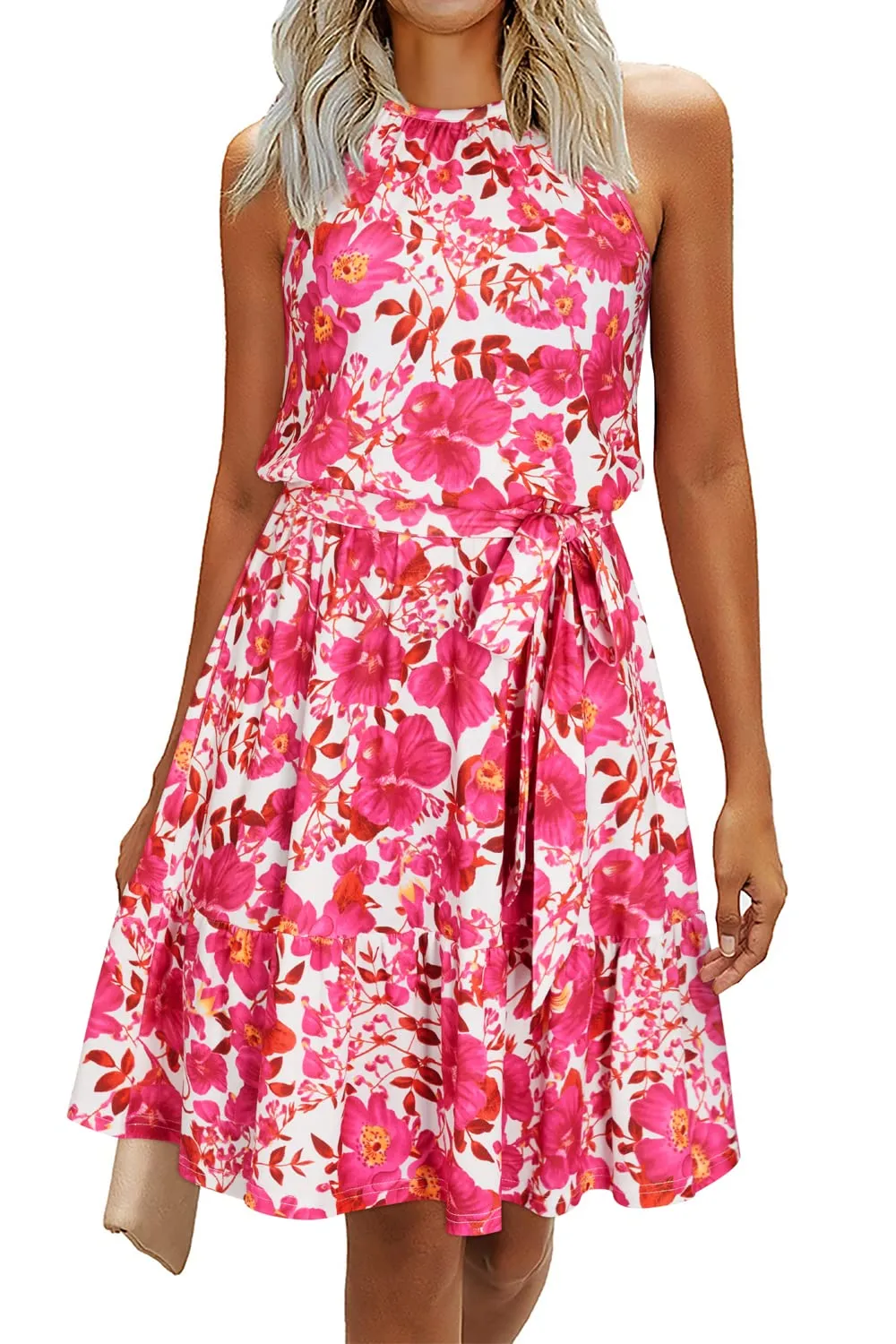 Summer Dresses for Women UK Halter Neck Dress Ladies Floral Beach Dress for Holiday Vacation(Floral-4, Medium)