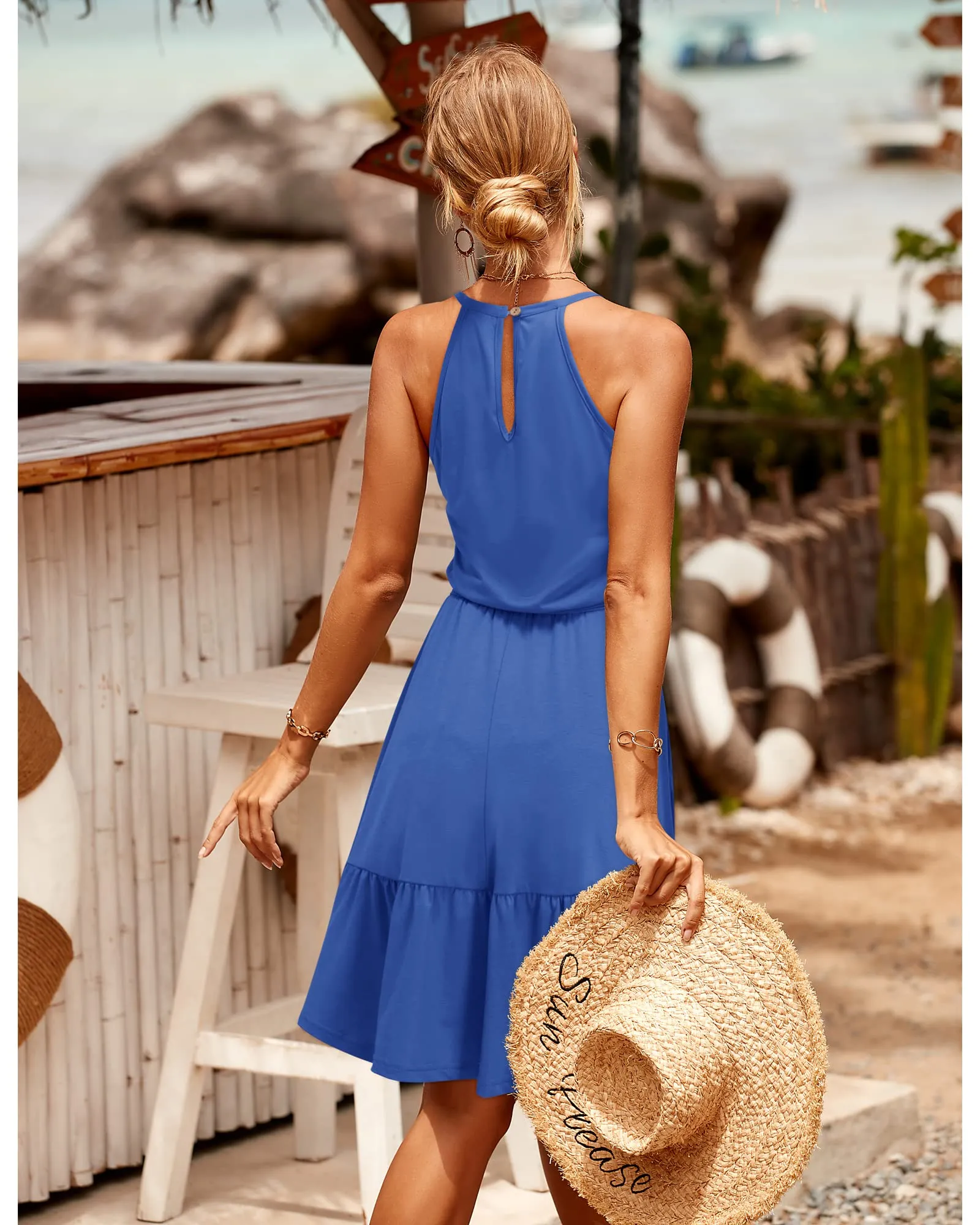 Summer Dresses for Women UK Halter Neck Dress Ladies Floral Beach Dress for Holiday Vacation(Floral-4, Medium)