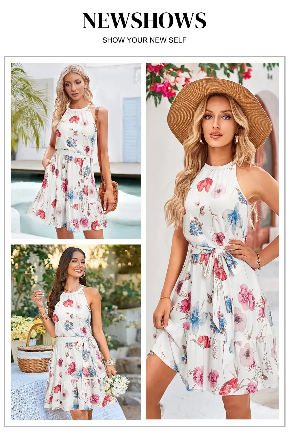 Summer Dresses for Women UK Halter Neck Dress Ladies Floral Beach Dress for Holiday Vacation(Floral-4, Medium)
