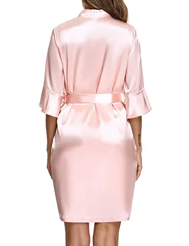Sykooria Women's Dressing Gown, 2 Pieces Silk Satin Short Kimono Robe Pajama Dress Lace Lingerie Set Bathrobe Nightgown