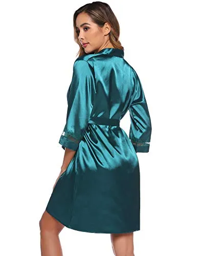 Sykooria Women's Dressing Gown, 2 Pieces Silk Satin Short Kimono Robe Pajama Dress Lace Lingerie Set Bathrobe Nightgown