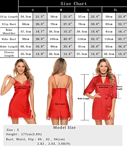 Sykooria Women's Dressing Gown, 2 Pieces Silk Satin Short Kimono Robe Pajama Dress Lace Lingerie Set Bathrobe Nightgown