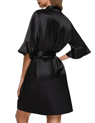 Sykooria Women's Dressing Gown, 2 Pieces Silk Satin Short Kimono Robe Pajama Dress Lace Lingerie Set Bathrobe Nightgown