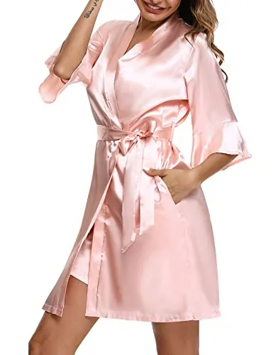 Sykooria Women's Dressing Gown, 2 Pieces Silk Satin Short Kimono Robe Pajama Dress Lace Lingerie Set Bathrobe Nightgown