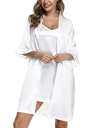 Sykooria Women's Dressing Gown, 2 Pieces Silk Satin Short Kimono Robe Pajama Dress Lace Lingerie Set Bathrobe Nightgown