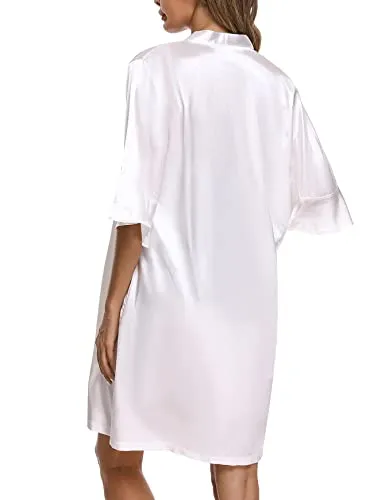 Sykooria Women's Dressing Gown, 2 Pieces Silk Satin Short Kimono Robe Pajama Dress Lace Lingerie Set Bathrobe Nightgown