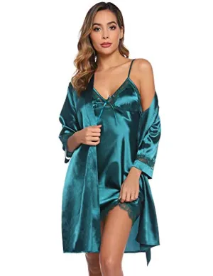 Sykooria Women's Dressing Gown, 2 Pieces Silk Satin Short Kimono Robe Pajama Dress Lace Lingerie Set Bathrobe Nightgown