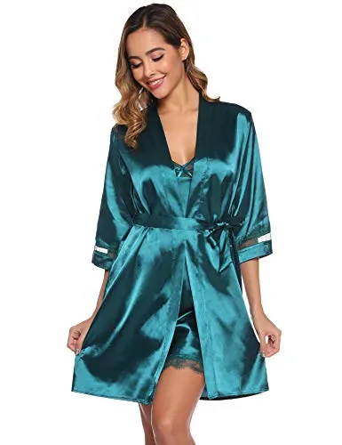 Sykooria Women's Dressing Gown, 2 Pieces Silk Satin Short Kimono Robe Pajama Dress Lace Lingerie Set Bathrobe Nightgown