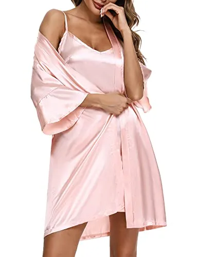Sykooria Women's Dressing Gown, 2 Pieces Silk Satin Short Kimono Robe Pajama Dress Lace Lingerie Set Bathrobe Nightgown