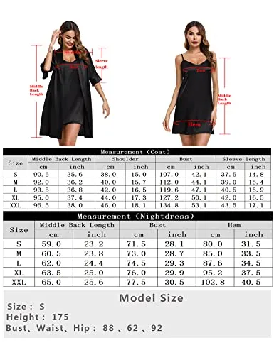 Sykooria Women's Dressing Gown, 2 Pieces Silk Satin Short Kimono Robe Pajama Dress Lace Lingerie Set Bathrobe Nightgown