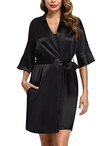 Sykooria Women's Dressing Gown, 2 Pieces Silk Satin Short Kimono Robe Pajama Dress Lace Lingerie Set Bathrobe Nightgown