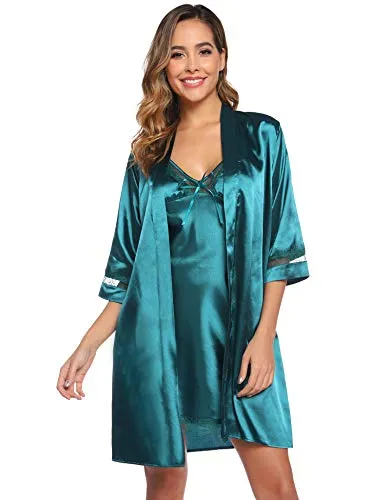 Sykooria Women's Dressing Gown, 2 Pieces Silk Satin Short Kimono Robe Pajama Dress Lace Lingerie Set Bathrobe Nightgown