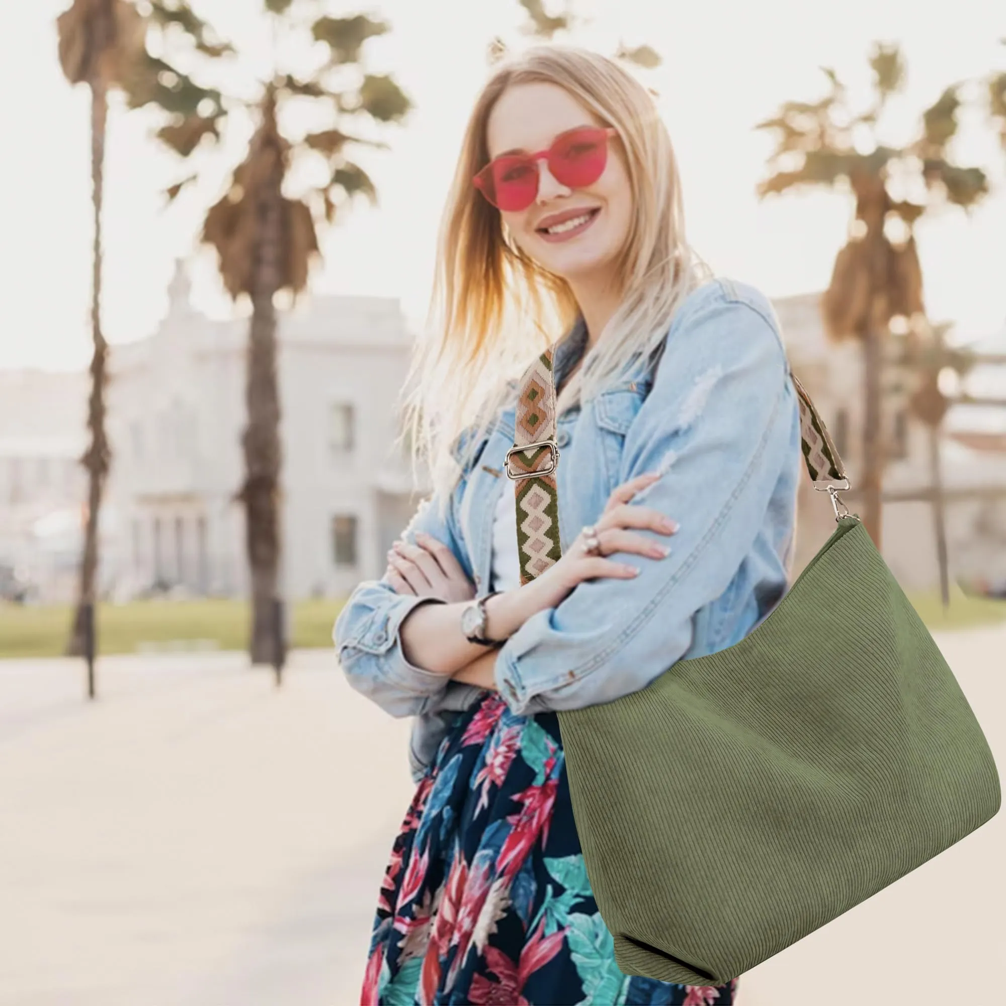 Tote Bag for Women with Zipper Large Capacity Shoulder Bags with Adjustable Strap and Pockets Waterproof Handbag for Work School Shopping Travel College (Green)