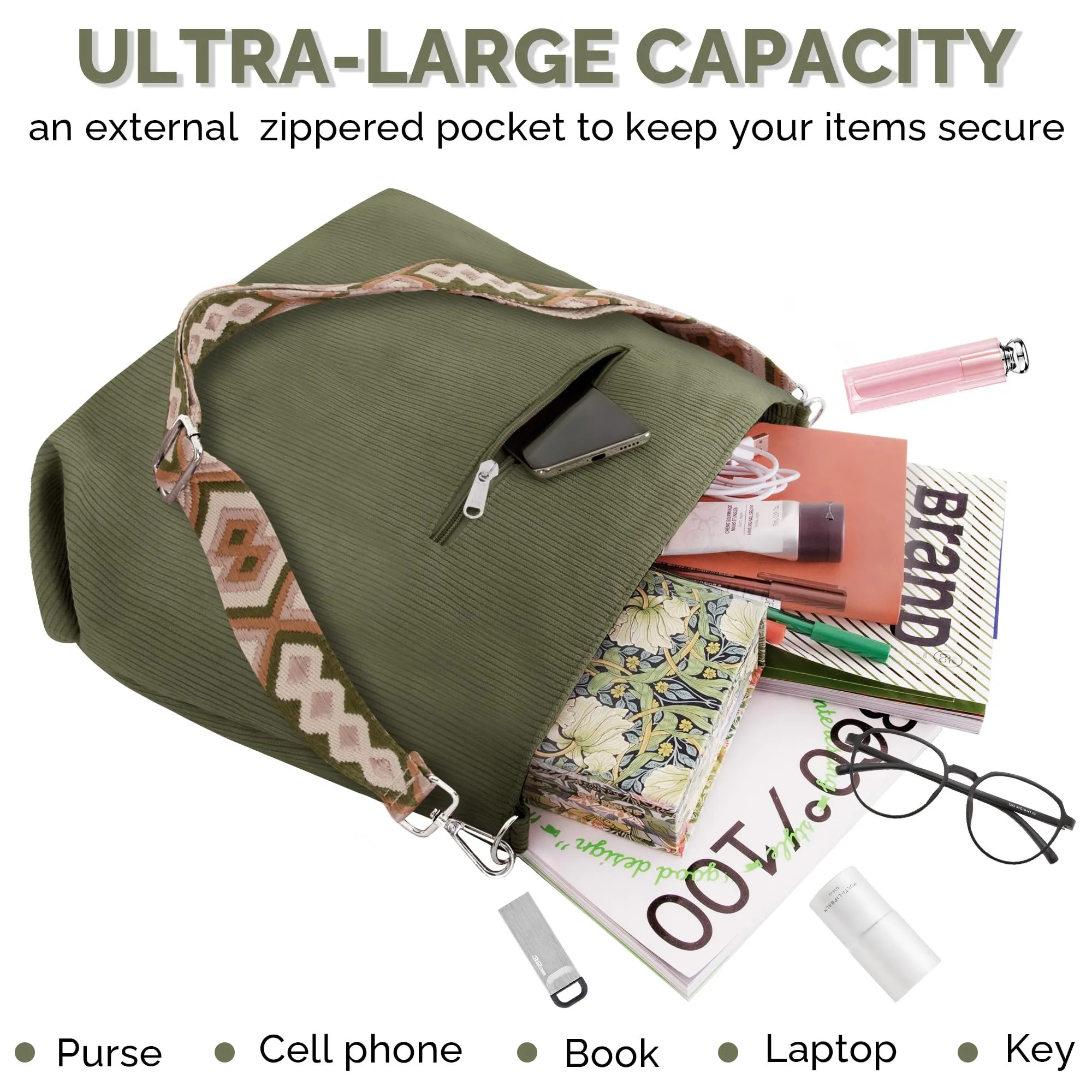Tote Bag for Women with Zipper Large Capacity Shoulder Bags with Adjustable Strap and Pockets Waterproof Handbag for Work School Shopping Travel College (Green)