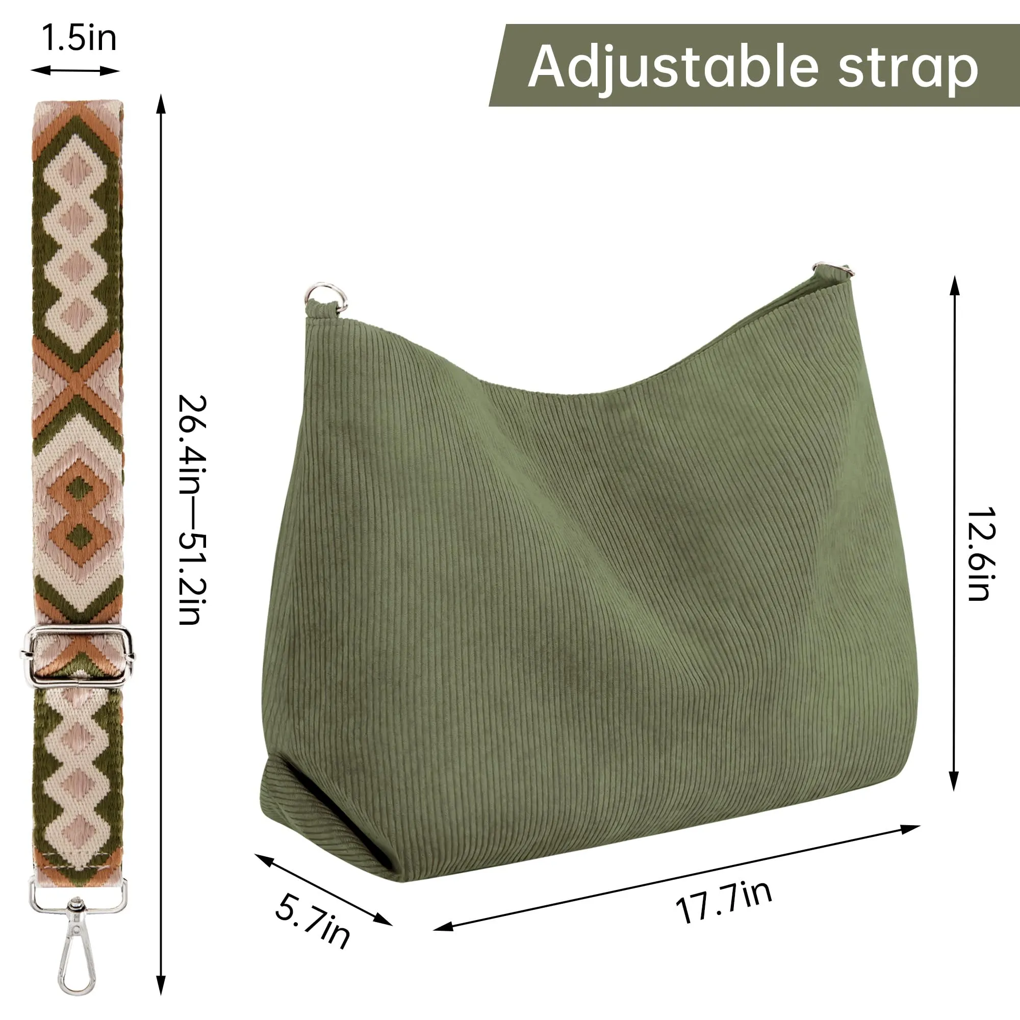 Tote Bag for Women with Zipper Large Capacity Shoulder Bags with Adjustable Strap and Pockets Waterproof Handbag for Work School Shopping Travel College (Green)