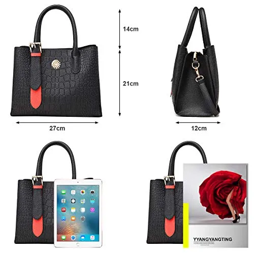 URAQT Ladies Handbag, 2021 New Black Shoulder Bags Messenger Bag for Women, Fashion Top-Handle Bag with Premium Crocodile Texture, Pecfect Gift for Mother and Girlfriend