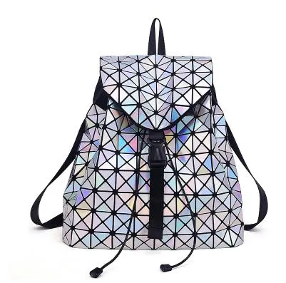 Women Backpacks Diamond Lattice Bucket String Bagpack Sequins Mirror Laser Women Bag Geometric Joint Black Rucksack School bag