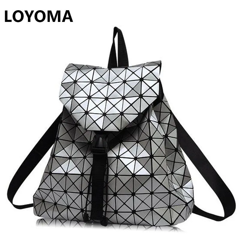 Women Backpacks Diamond Lattice Bucket String Bagpack Sequins Mirror Laser Women Bag Geometric Joint Black Rucksack School bag