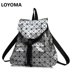 Women Backpacks Diamond Lattice Bucket String Bagpack Sequins Mirror Laser Women Bag Geometric Joint Black Rucksack School bag