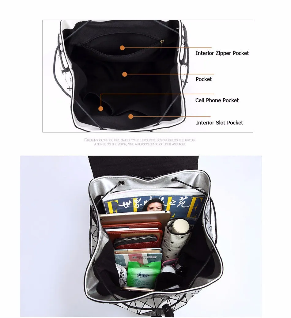 Women Backpacks Diamond Lattice Bucket String Bagpack Sequins Mirror Laser Women Bag Geometric Joint Black Rucksack School bag