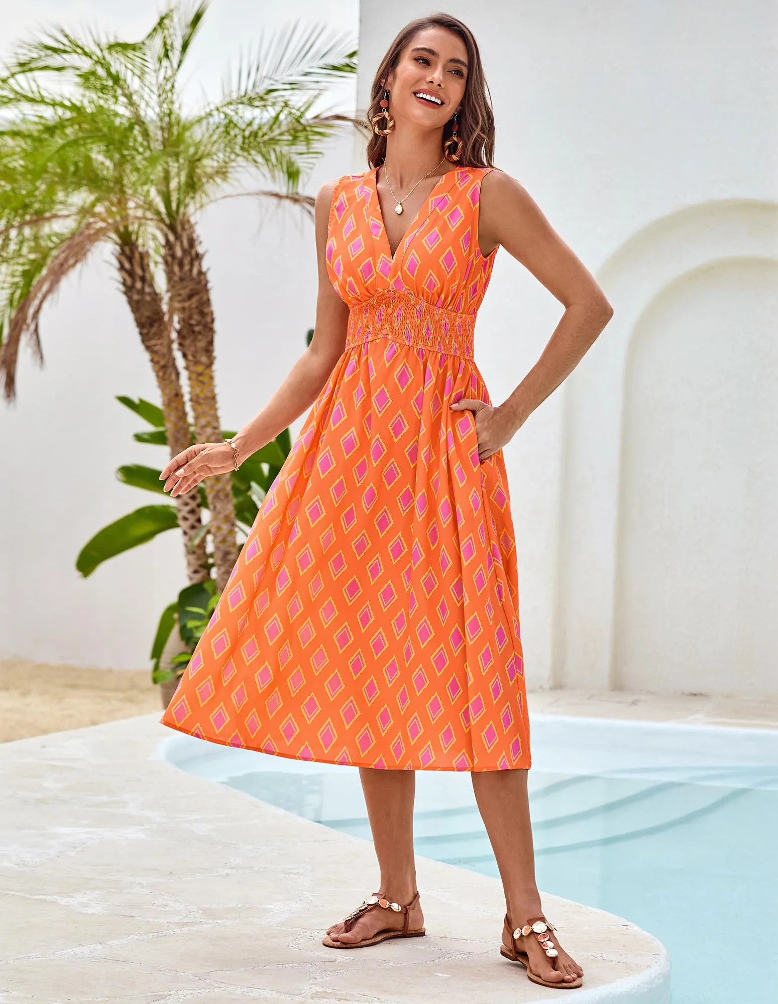 Women Casual Printed Dress Trendy Beach Dress with High Waist and Pockets Beach Orange Diamond L