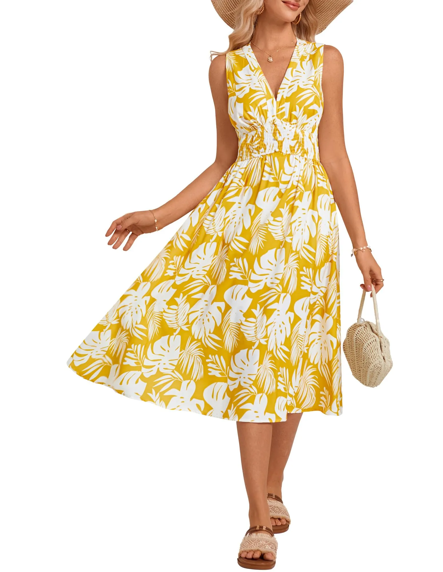Women Casual Printed Dress Trendy Beach Dress with High Waist and Pockets Beach Orange Diamond L