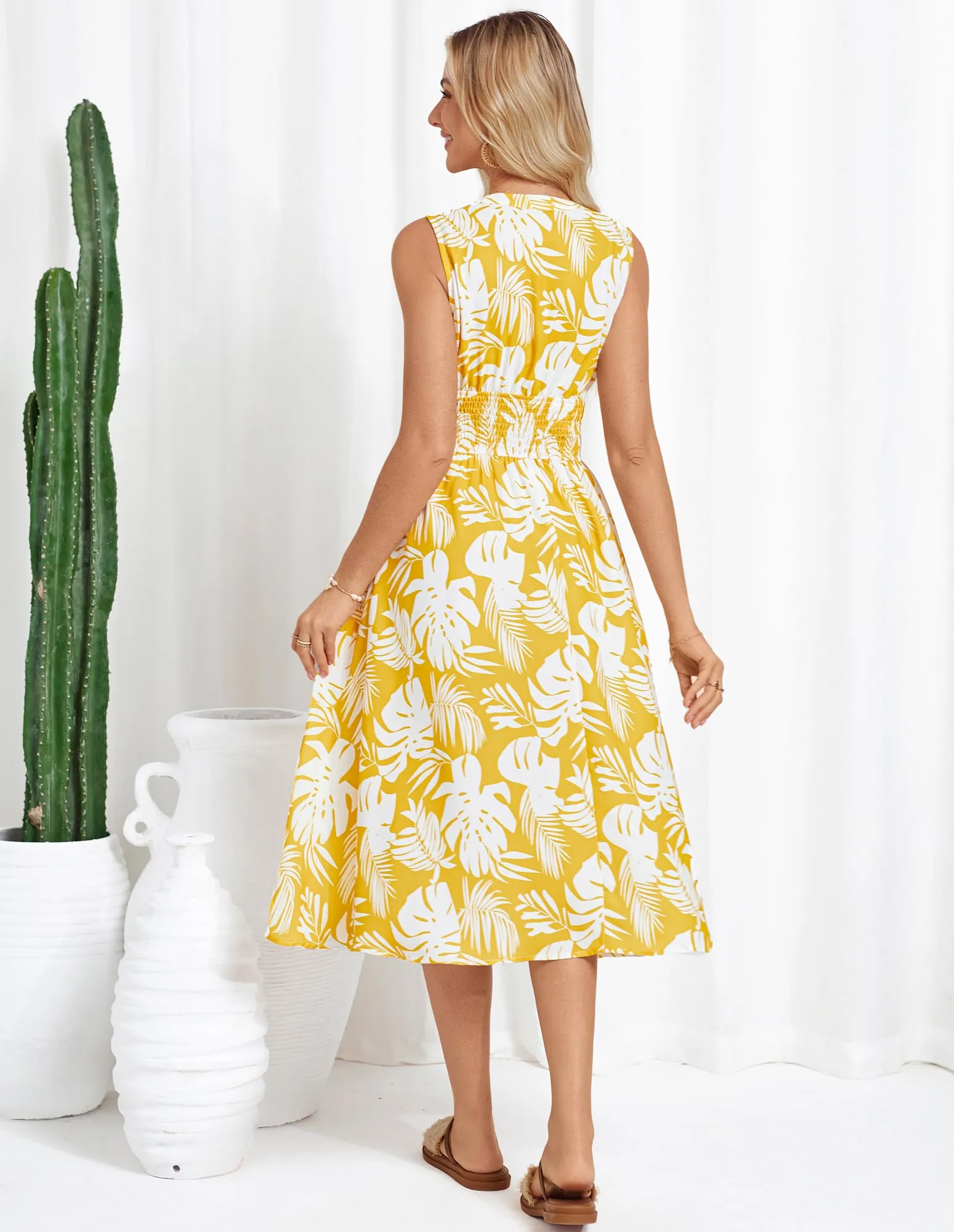 Women Casual Printed Dress Trendy Beach Dress with High Waist and Pockets Beach Orange Diamond L