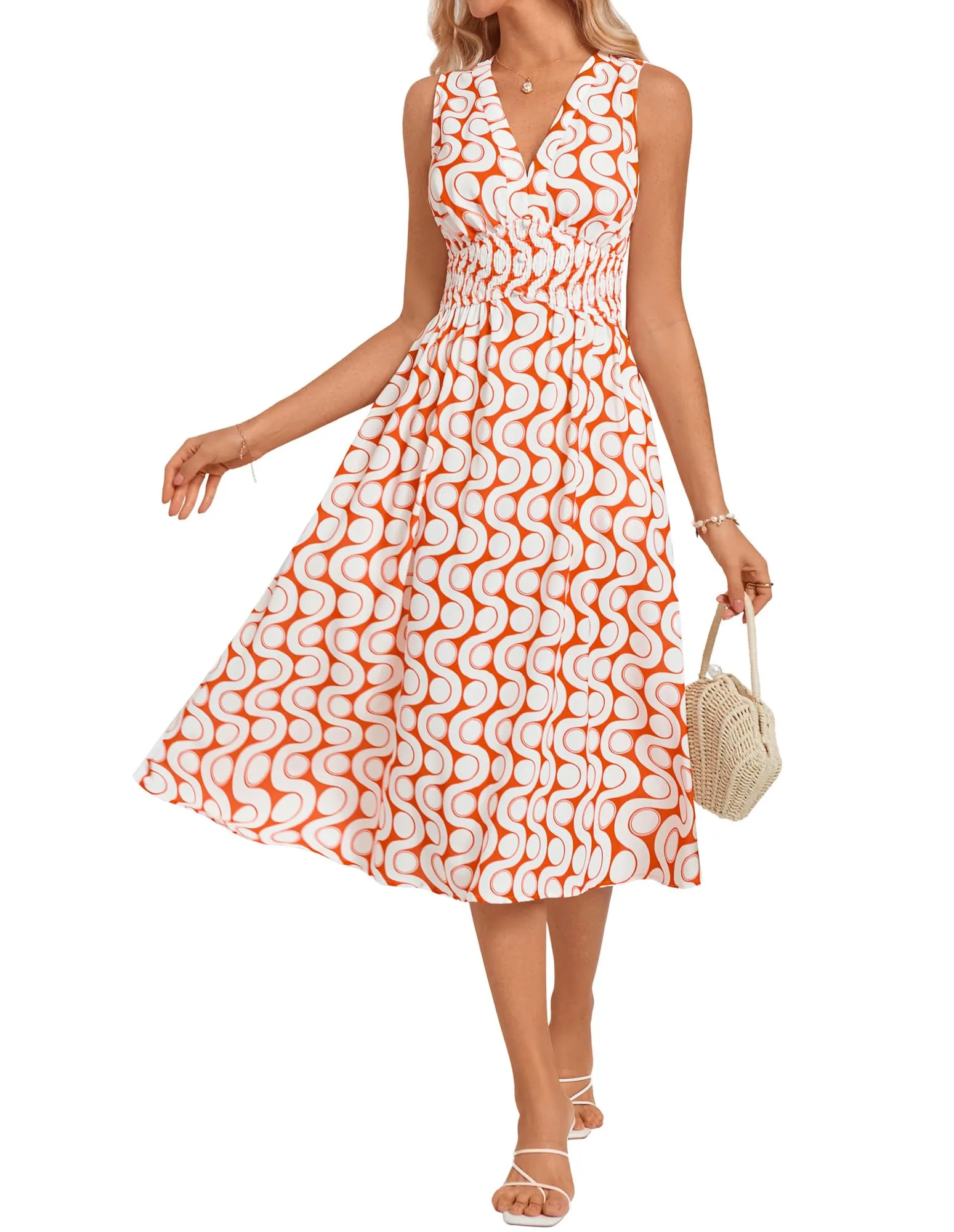 Women Casual Printed Dress Trendy Beach Dress with High Waist and Pockets Beach Orange Diamond L