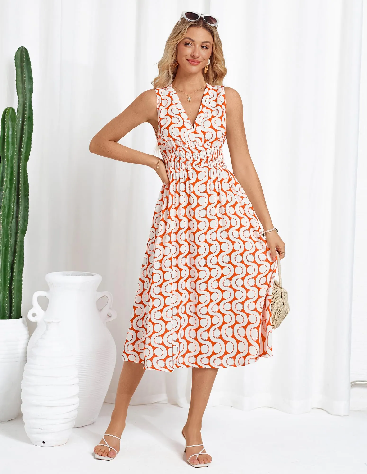 Women Casual Printed Dress Trendy Beach Dress with High Waist and Pockets Beach Orange Diamond L