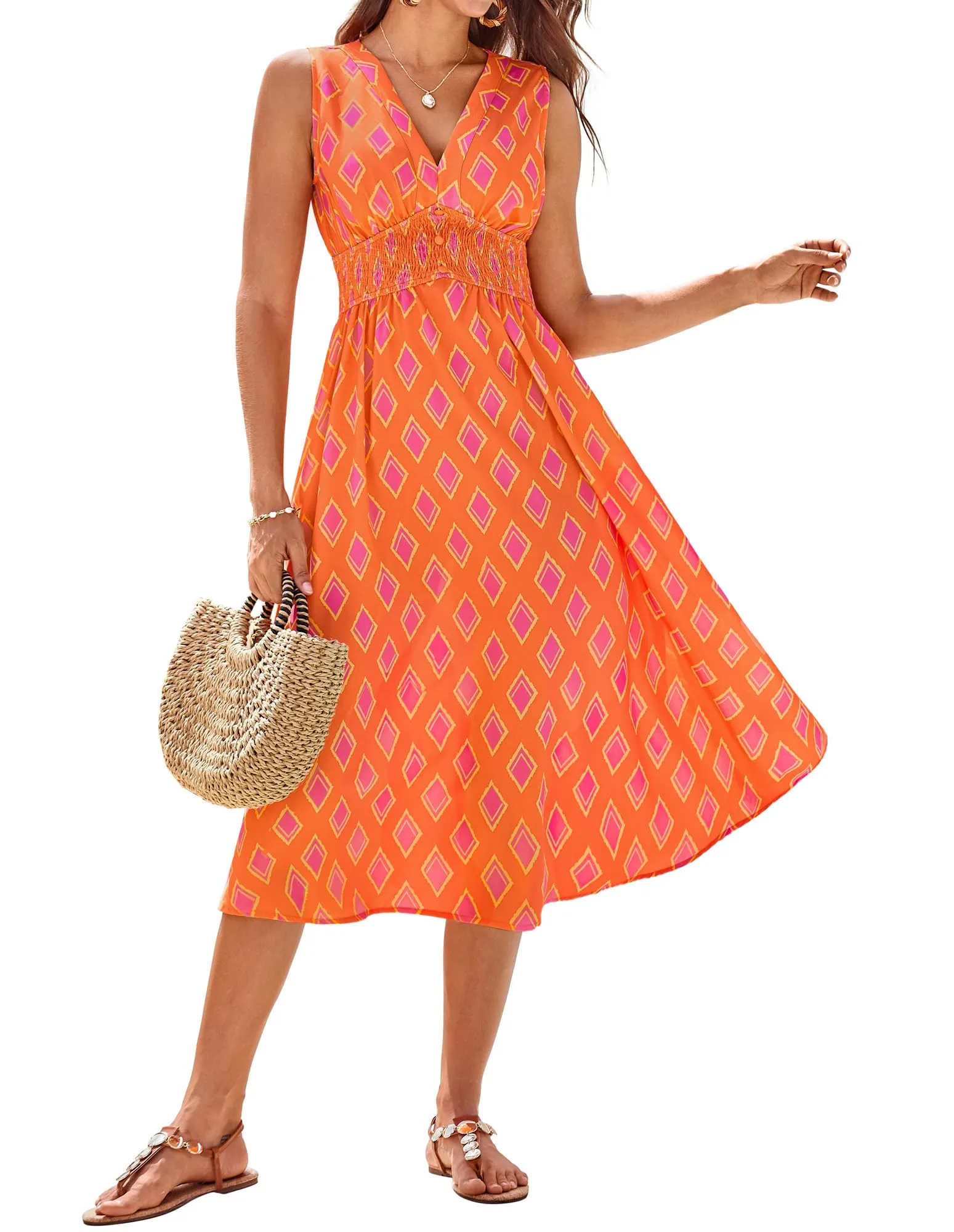 Women Casual Printed Dress Trendy Beach Dress with High Waist and Pockets Beach Orange Diamond L