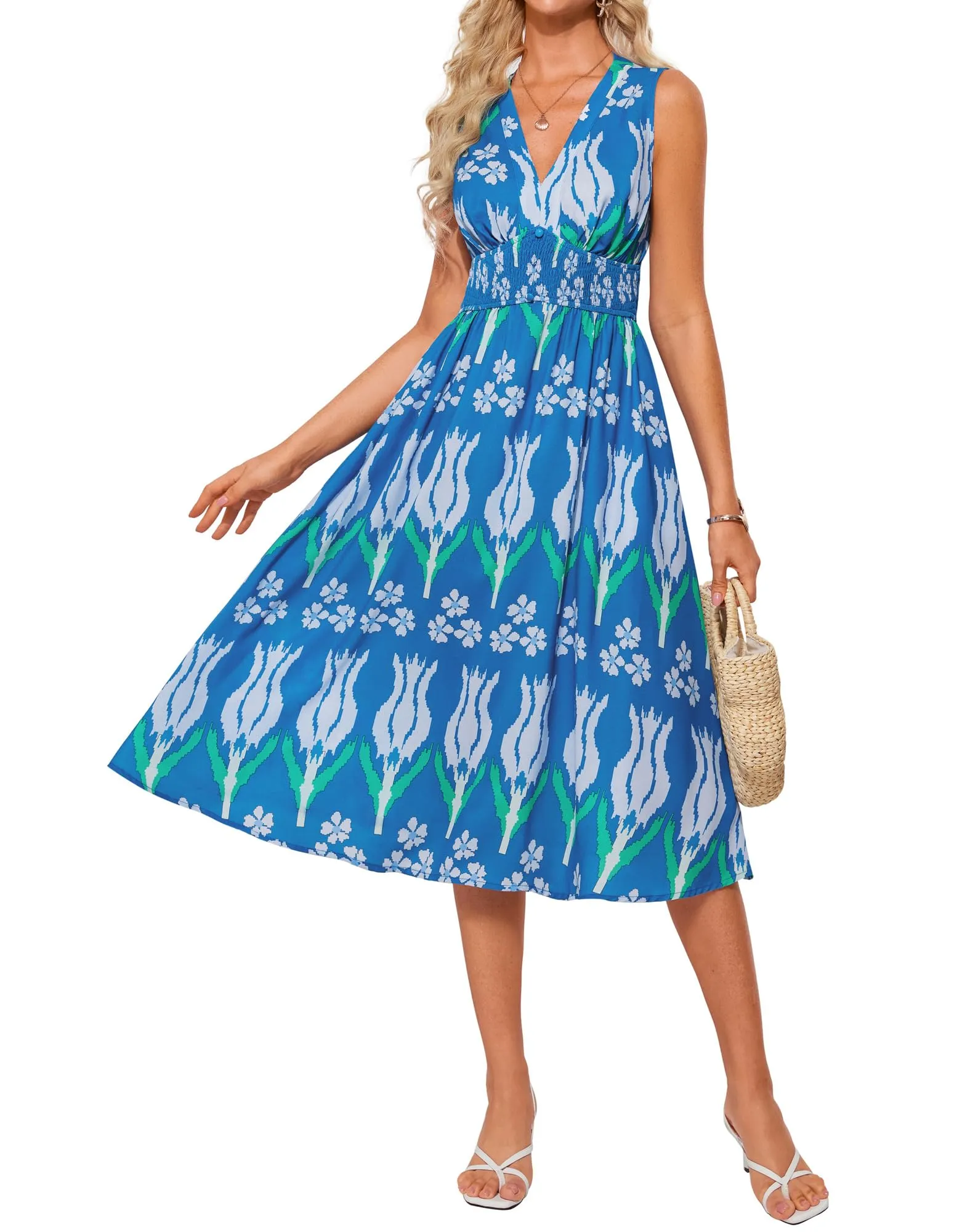 Women Casual Printed Dress Trendy Beach Dress with High Waist and Pockets Beach Orange Diamond L