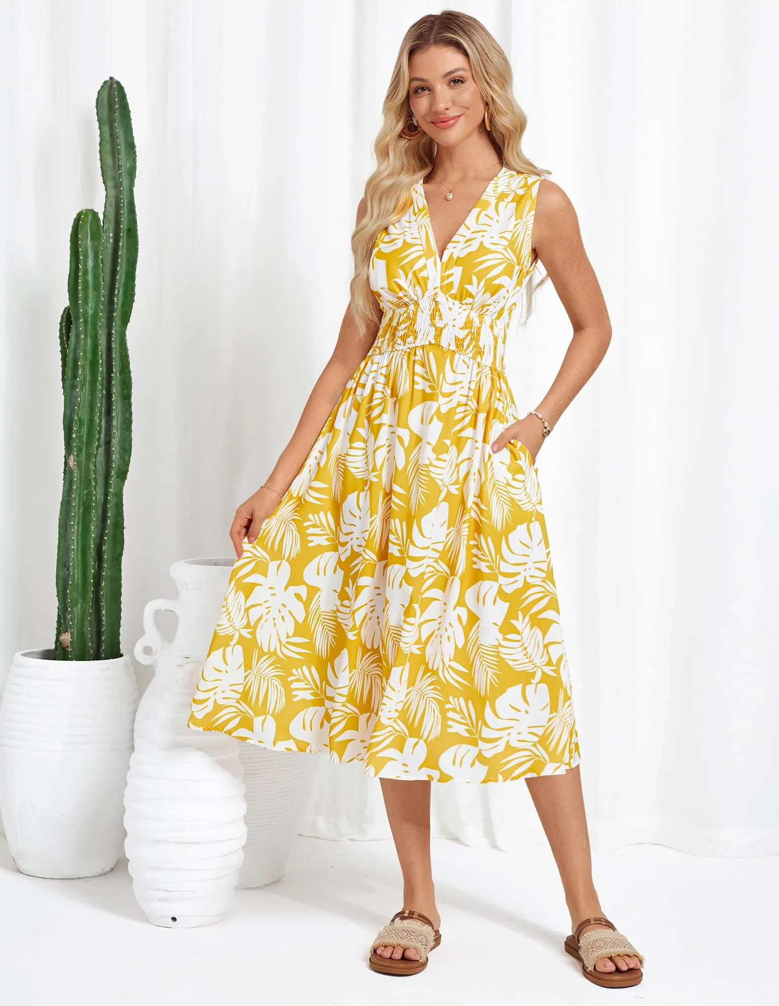 Women Casual Printed Dress Trendy Beach Dress with High Waist and Pockets Beach Orange Diamond L