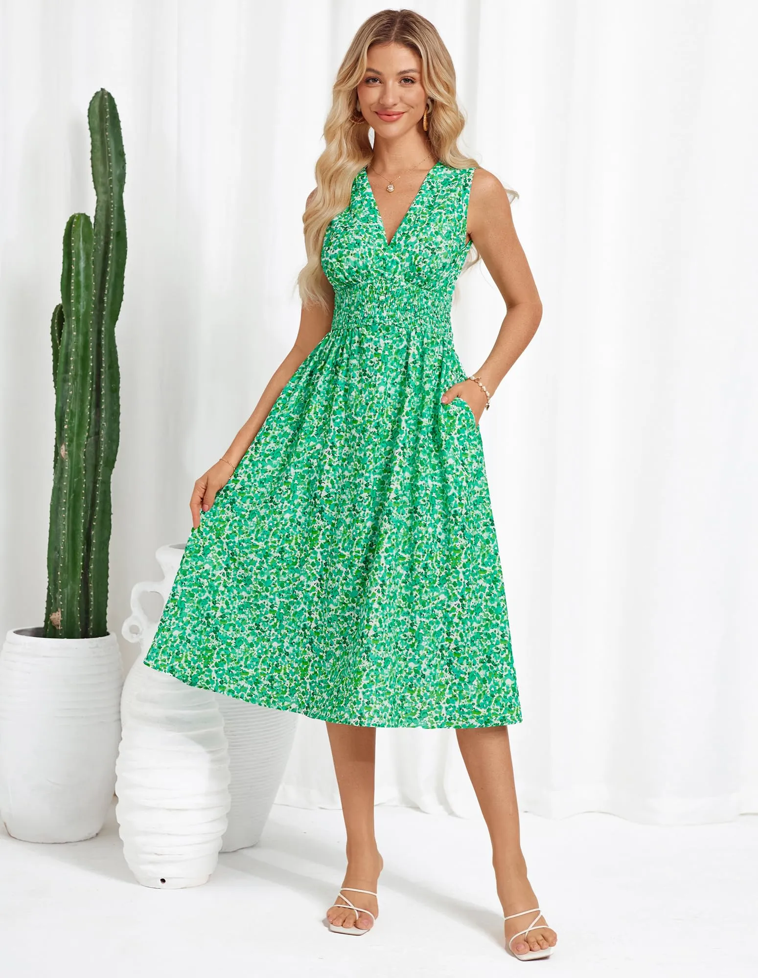 Women Casual Printed Dress Trendy Beach Dress with High Waist and Pockets Beach Orange Diamond L