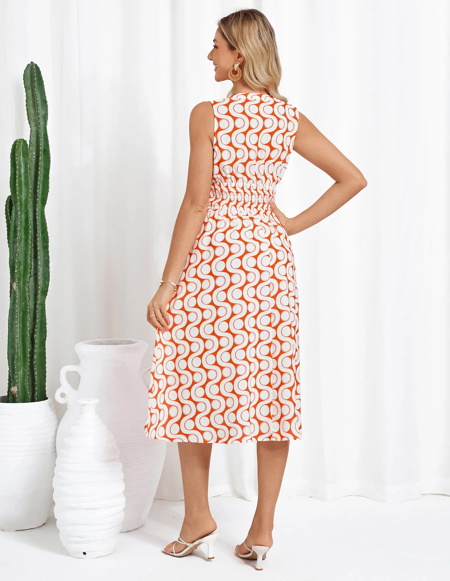 Women Casual Printed Dress Trendy Beach Dress with High Waist and Pockets Beach Orange Diamond L