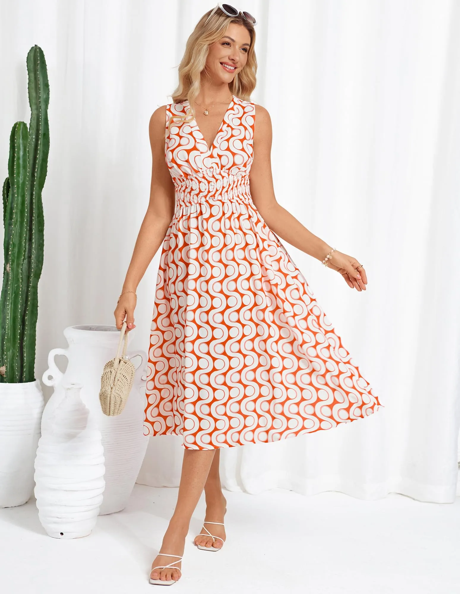 Women Casual Printed Dress Trendy Beach Dress with High Waist and Pockets Beach Orange Diamond L