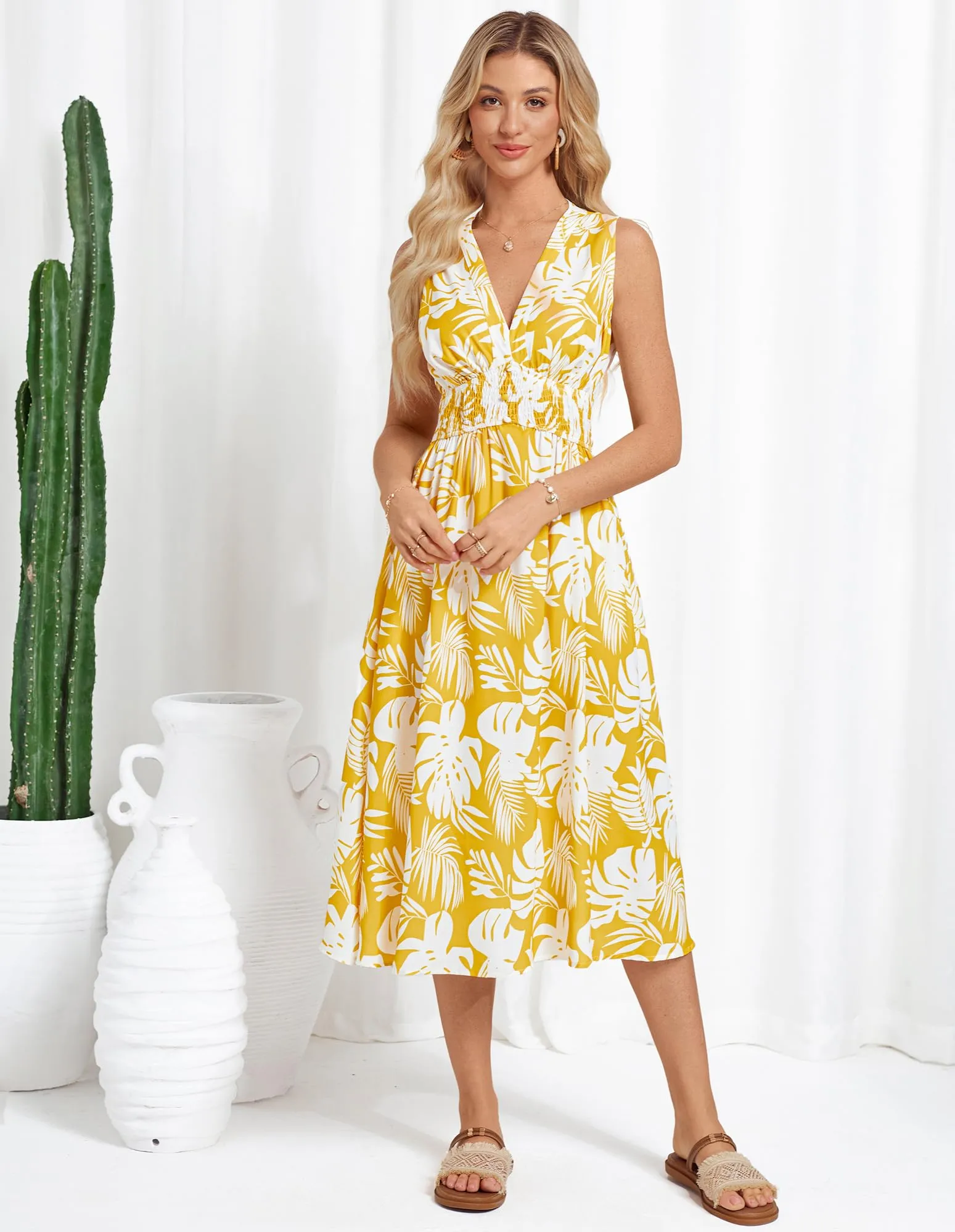 Women Casual Printed Dress Trendy Beach Dress with High Waist and Pockets Beach Orange Diamond L