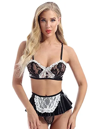 Women Faux Leather Lingerie Set Lace Trim French Maid Cosplay Costume Nightwear