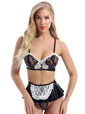 Women Faux Leather Lingerie Set Lace Trim French Maid Cosplay Costume Nightwear