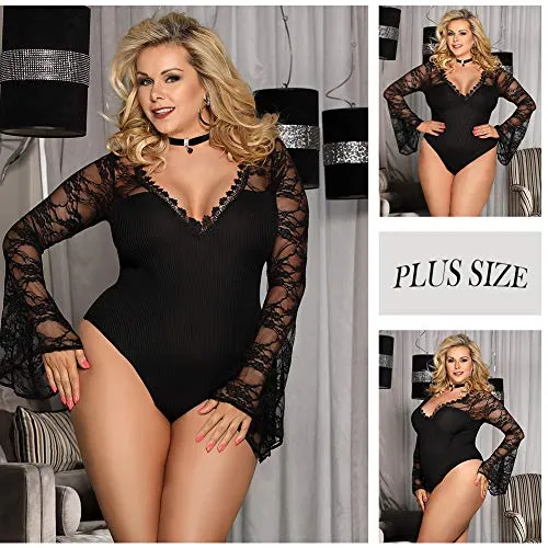 Women Lingerie Mesh Lace Long Sleeve Leotard Bodysuit