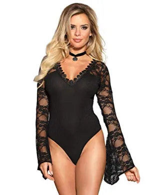 Women Lingerie Mesh Lace Long Sleeve Leotard Bodysuit