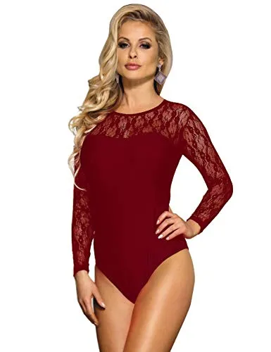 Women Lingerie Mesh Lace Long Sleeve Leotard Bodysuit
