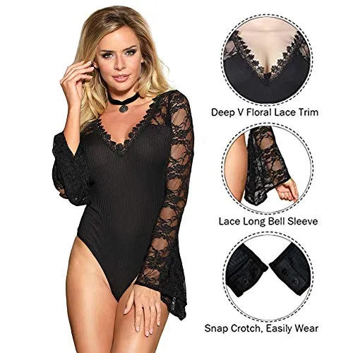 Women Lingerie Mesh Lace Long Sleeve Leotard Bodysuit