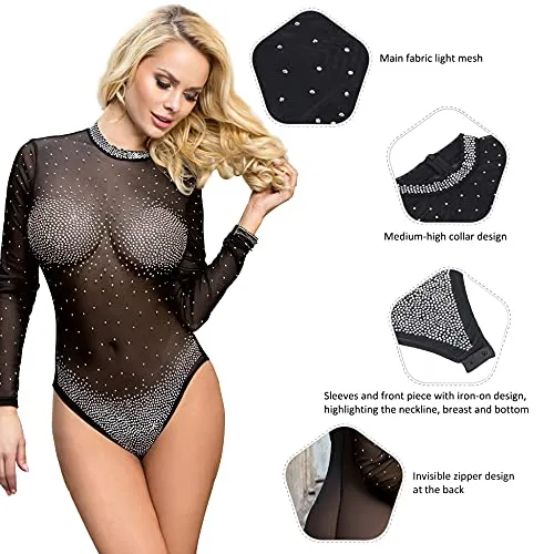 Women Lingerie Mesh Lace Long Sleeve Leotard Bodysuit